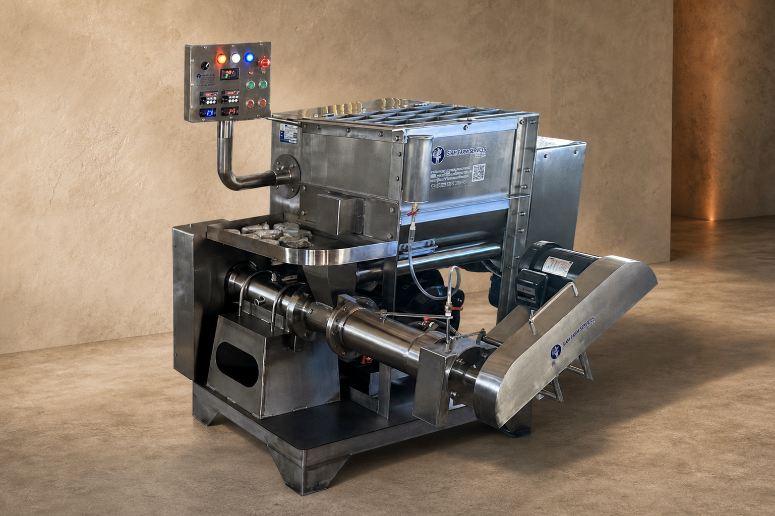 Siam Farm Services stainless steel feed extruder in an earth-tone industrial studio